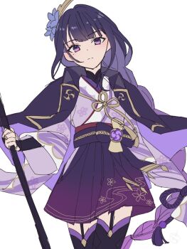 1girl alternate_costume blunt_bangs braid bridal_gauntlets closed_mouth collared_jacket commentary_request dress electro_symbol_(genshin_impact) genshin_impact gradient_hair hair_ornament highres holding holding_polearm holding_weapon jacket japanese_clothes kimono kimono_dress leaning_to_the_side long_braid long_sleeves looking_at_viewer mitsudomoe_(shape) mole mole_under_eye multicolored_hair open_clothes open_jacket polearm purple_dress purple_eyes purple_hair purple_jacket purple_kimono raiden_shogun red_thighhighs ringo_kureru simple_background single_braid solo standing thigh_strap thighhighs tomoe_(symbol) weapon white_background wide_sleeves