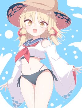 1girl :d absurdres bare_shoulders bikini black_bikini blonde_hair blue_background breasts brown_hat cloud commentary_request cowboy_shot crop_top darumoon g-string hair_ribbon hat highres light_blush long_sleeves looking_at_viewer medium_hair moriya_suwako navel neckerchief open_mouth parted_bangs partial_commentary red_neckerchief red_sleeves ribbon sailor_collar sailor_shirt shirt sleeves_past_wrists small_breasts smile solo swimsuit teeth thong touhou tress_ribbon two-sided_fabric upper_teeth_only white_shirt wide_sleeves yellow_eyes