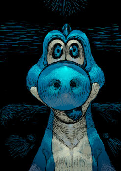 absurdres black_background blue_theme commentary dinosaur highres koki_(ryoushikiha) light_blue_yoshi looking_at_viewer mario_(series) nintendo no_humans solo tongue tongue_out upper_body yoshi