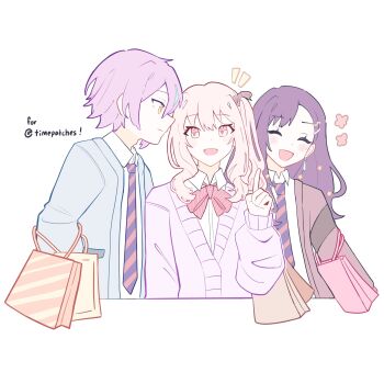 Rule 34 | 1boy, 1girl, 1other, akiyama mizuki, androgynous, aryorl, bag, blue hair, bow, bowtie, cardigan, closed eyes, closed mouth, collared shirt, commentary, diagonal-striped bow, diagonal-striped bowtie, diagonal-striped clothes, diagonal-striped necktie, earrings, english commentary, hair ornament, hand up, highres, index finger raised, jewelry, kamishiro rui, kamiyama high school uniform (project sekai), long hair, long sleeves, looking at another, multicolored hair, necktie, notice lines, open cardigan, open clothes, open mouth, pink eyes, pink hair, ponytail, project sekai, purple cardigan, purple hair, school uniform, shiraishi an, shirt, shopping bag, short hair, simple background, smile, star (symbol), star hair ornament, streaked hair, striped bow, striped bowtie, striped clothes, two-tone hair, upper body, white background, yellow eyes