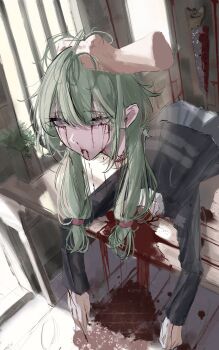 1girl absurdres black_shirt blood blood_from_mouth bloody_tears corpse decapitation green_hair grey_skirt guro highres holding_detached_head indoors kusanagi_nene long_hair long_sleeves lying on_stomach project_sekai ryona severed_head shirt skirt solo sugararu wonderlands_x_showtime_(project_sekai)