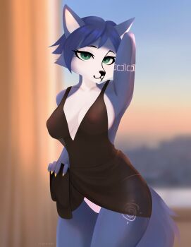 animal_ears black_dress blue_fur blue_hair breasts dress fiamourr fox_ears fox_girl fox_tail furry furry_female green_eyes highres krystal large_breasts looking_at_viewer markings nintendo nipples panties see-through_clothes short_hair star_fox tail tribal underwear white_fur white_panties