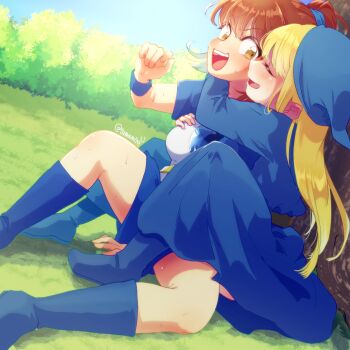 Rule 34 | 2girls, absurdres, arle nadja, armor, belt, blonde hair, blue boots, blue hat, blue robe, blue skirt, blush, boots, breastplate, breasts, brown eyes, brown hair, commentary request, grabbing another's breast, grabbing another's face, groping, half updo, hat, head grab, highres, hug, long hair, looking to the side, madou monogatari, medium breasts, multiple girls, on ground, open mouth, phrygian cap, ponytail, puyopuyo, puyopuyo sun, robe, short hair, sidelocks, sitting, skirt, spread legs, sweat, tamamiyau, witch, witch (puyopuyo), yuri