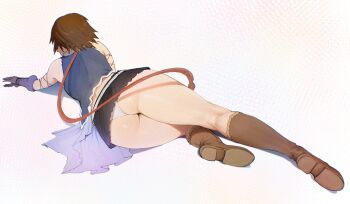 1girl ass boots brown_boots brown_hair final_fantasy final_fantasy_x final_fantasy_x-2 from_behind lying miniskirt official_alternate_costume on_side panties ponytail pplord showgirl_skirt simple_background skirt solo songstress_(final_fantasy) thighs underwear upskirt yuna_(ff10)