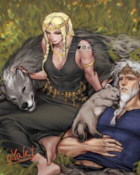 1boy 1girl animal armlet artist_name ayaki_blade barefoot beard black_dress blonde_hair blue_shirt braid braided_beard breasts circlet commentary crown dress elden_ring english_commentary facial_hair godfrey_first_elden_lord grass grey_hair half-closed_eyes highres husband_and_wife instagram_logo instagram_username jewelry lying mature_female mature_male medium_breasts necklace on_back parted_lips queen_marika_the_eternal scar scar_on_face scar_on_nose shirt sitting sleeping sleeveless sleeveless_dress smile twitter_logo twitter_username wolf wolf_cub yellow_eyes yokozuwari