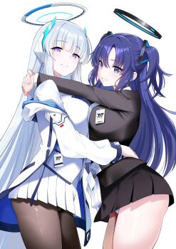 2girls belt black_gloves black_jacket black_skirt black_suit blue_archive blush breasts brown_pantyhose collared_shirt daive dress_shirt formal_clothes gloves grin hair_ornament half_gloves halo highres hug jacket large_breasts long_hair long_sleeves looking_at_viewer miniskirt multiple_girls necktie noa_(blue_archive) off_shoulder open_clothes open_jacket panties pantyhose pleated_skirt pouch purple_eyes purple_hair shirt sidelocks skirt smile suit thighs two_side_up underwear very_long_hair white_hair white_jacket white_shirt white_skirt white_suit yuuka_(blue_archive)