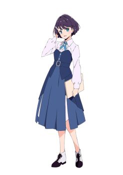 1girl :d azabu_mai black_hair blue_eyes blue_skirt center_frills collared_shirt computer dress_shirt frilled_shirt frills full_body hand_up high-waist_skirt holding holding_laptop ikizulive!_love_live!_bluebird laptop long_sleeves looking_at_viewer love_live! official_art open_mouth shirt shoes short_hair simple_background skirt smile solo standing tabata_hisayuki tachi-e transparent_background white_shirt white_shoes