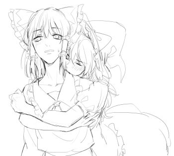 2girls aihara-rina ascot biting blush bow chinese_commentary closed_eyes commentary_request detached_sleeves frilled_bow frilled_hair_tubes frills greyscale hair_bow hair_tubes hakurei_reimu hat hat_bow highres hug hug_from_behind kirisame_marisa long_hair monochrome multiple_girls neck_biting open_mouth puffy_short_sleeves puffy_sleeves short_sleeves sketch sweatdrop touhou witch_hat yuri