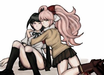 2girls alternate_costume arms_around_shoulders beige_shirt black_bow black_footwear black_hair black_ribbon black_skirt blonde_hair blush bow bowtie knee_boots kneehighs closed_eyes closed_mouth danganronpa:_trigger_happy_havoc danganronpa_(series) enoshima_junko freckles hair_bow hair_ornament hand_on_another's_hip highres hug ikusaba_mukuro incest kneeling knees_up long_hair medium_hair multicolored_bow multiple_girls neck_ribbon pink_eyes pleated_skirt rabbit_hair_ornament red_bow ribbon short_sleeves siblings simple_background sisters sitting sitting_on_person skirt tan_shirt twincest twins twintails white_background white_bow yuri