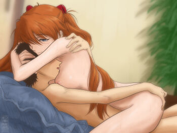 1boy 1girl black_hair blue_eyes blush breasts brown_hair closed_eyes completely_nude couple girl_on_top hand_on_another's_head happy_sex headgear hetero highres hug ikari_shinji implied_sex interface_headset_(evangelion) long_hair lying lying_on_person medium_breasts meguro_fukuzou neon_genesis_evangelion nipples nude on_back orange_hair pillow sex short_hair small_areolae small_nipples smile souryuu_asuka_langley tears thighs twintails vaginal