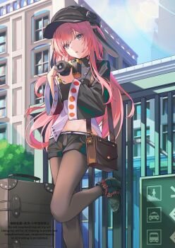 1girl absurdres bag black_hat black_jacket black_pantyhose black_shoes black_shorts brown_bag building camera cropped_jacket day foot_out_of_frame gate hands_up hashtag-only_commentary hat highres holding holding_camera jacket leg_up long_hair long_sleeves looking_at_viewer midriff_peek navel original outdoors pantyhose parted_lips pink_hair purple_eyes shoe_belt shoes shorts shoulder_bag sign single-lens_reflex_camera solo standing standing_on_one_leg suitcase usanui_nuinui wide_sleeves