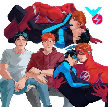 2boys absurdres ass bara black_bodysuit black_hair black_pants blood blood_on_face blue_bodysuit blue_pants blush bodysuit carrying carrying_person closed_eyes couple dc_comics dick_grayson domino_mask eye_mask haljordanmylove highres hood hood_down hoodie injury kid_flash kiss large_pectorals looking_at_another lying male_focus mask multiple_boys muscular muscular_male nightwing on_back open_mouth orange_hair pants pectorals red_bodysuit red_hoodie shirt short_hair torn_bodysuit torn_clothes unworn_mask wally_west white_bodysuit white_shirt yaoi young_justice