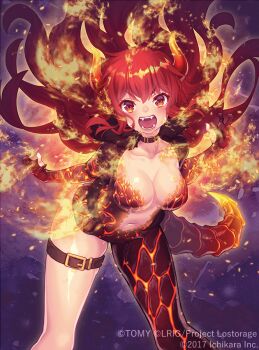 1girl black_jacket black_shorts breasts cleavage copyright_notice dola_(1st_costume)_(nijisanji) dola_(nijisanji) dragon_girl dragon_horns dragon_tail fangs fire floating_hair horns jacket kutori_pan&#039;ya large_breasts looking_at_viewer nijisanji open_mouth red_eyes red_hair red_scales shorts solo tail thigh_strap virtual_youtuber wixoss