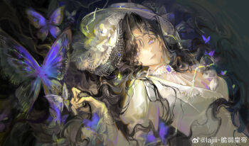 Rule 34 | 1girl, absurdres, black hair, blue gemstone, bug, butterfly, commentary request, fishnet veil, gem, hat, highres, insect, isolde (reverse:1999), long hair, long sleeves, looking at viewer, parted lips, puffy sleeves, purple eyes, reverse:1999, solo, upper body, watermark, wavy hair, weibo watermark, white hat, zajiii (zajiii gaoao)