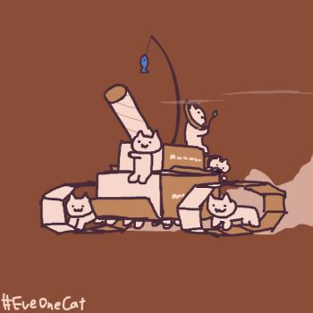 :3 animated animated_gif artist_name box brown_background cardboard cardboard_box cat cat_teaser caterpillar_tracks dust everydayonecat firing fish fishing_rod military_vehicle motor_vehicle nintendo_switch no_humans original playing_games playing_video_games radar_dish simple_background tank tube