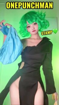 Rule 34 | 1girl, animated, asian, black dress, bottomless, cosplay, curly hair, dress, green background, green eyes, green hair, makeup, neneko0814, no panties, one-punch man, paint, panties, pelvic curtain, real life, tagme, tasumaki, tatsumaki, torn clothes, torn dress, underwear, video