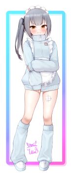 1girl absurdres alternate_costume animal_ears apron arm_across_chest blue_jacket blue_socks brown_eyes commentary_request enmaided full_body gauze gauze_on_leg grey_hair highres jacket jersey_maid kantai_collection kasumi_(kancolle) kneehighs long_hair loose_socks maid maid_headdress open_mouth side_ponytail signature simple_background smile socks solo tiemu_(man190) unconventional_maid waist_apron white_apron white_background