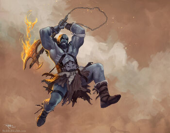 1boy abs armpits axe bald bandana bara beard biceps blue_skin boots chest_belt colored_skin critical_role dungeons_&amp;_dragons dungeons_&amp;_dragons facial_hair fighting_stance fire flaming_weapon frown full_body grog_strongjaw head_tattoo holding holding_axe jumping large_pectorals leather loincloth male_focus mature_male midair muscular muscular_male mustache nickrobles nipples o-ring o-ring_top official_art pectorals pelvic_curtain solo the_legend_of_vox_machina thick_thighs thighs weapon