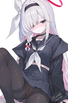 1girl black_choker black_coat black_eyes black_hairband black_pantyhose black_sailor_collar black_shirt black_skirt blue_archive blush braid breasts cameltoe choker coat collarbone commentary eyelashes hair_over_one_eye hair_ribbon hairband halo highres legs long_hair long_sleeves looking_at_viewer multicolored_hair neckerchief pale_skin panties panties_under_pantyhose pantyhose pantyshot pink_hair plana_(blue_archive) pleated_skirt red_halo red_pupils ribbon sailor_collar shirt sidelocks sitting skirt small_breasts solo tateishi_kureha thighband_pantyhose thighs two-tone_hair underwear unfinished white_background white_hair white_neckerchief white_ribbon
