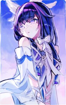 Rule 34 | 1girl, absurdres, bare shoulders, believer tamago, black hair, bow, bowtie, columbina (genshin impact), commentary request, dress, eye mask, genshin impact, hair ornament, head wings, highres, long hair, mask, multicolored hair, multiple wings, purple eyes, purple hair, purple streaks, ribbon, sitting, solo, streaked hair, two-tone hair, upper body, very long hair, white bow, white dress, white wings, wing hair ornament, wings, x-shaped eyewear