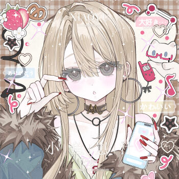 Rule 34 | 1girl, :o, absurdres, arm up, black bow, blonde hair, blue jacket, bow, brown choker, cellphone, choker, collarbone, commentary request, commission, earrings, fang, fingernails, flip phone, flower, food, fruit, fur-trimmed jacket, fur trim, grey eyes, hair between eyes, hair over shoulder, heart, highres, holding, holding phone, hoop earrings, jacket, jewelry, long fingernails, looking at viewer, necklace, open mouth, original, phone, plaid background, polka dot, portrait, pretzel, red nails, shi mita, shirt, skin fang, solo, sparkle, star (symbol), strawberry, upper body, watermark, y2k fashion, yellow shirt