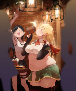 2girls absurdres arms_up bar belly black_hair blonde_hair breasts crop_top drinking elbow_gloves elf fat fat_woman gloves highres long_hair marureenu_(pierre_lehavre) medium_breasts midriff multiple_girls navel open_mouth original panties panty_peek plump plzcallmeshiori pointy_ears skirt smile standing tankard turkey_leg underwear