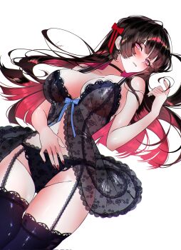 1girl babydoll bare_shoulders black_babydoll black_choker black_garter_straps black_hair black_panties black_thighhighs blue_bow blush bow breasts chisa_(wuthering_waves) choker cleavage collarbone commentary fingernails garter_straps gradient_hair groin hair_bow hand_on_own_stomach hand_up highres lace_garter_straps large_breasts long_hair looking_at_viewer lying multicolored_hair nail_polish navel on_back panties parted_lips pink_eyes pink_hair red_bow red_nails sanya_(sanya_lox228) signature simple_background solo stomach thighhighs thighs underwear white_background wuthering_waves