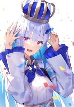 1girl absurdres arched_crown blue_crown blue_hair blue_neckerchief blush breasts collared_shrug colored_inner_hair commentary_request confetti crown hair_ornament hands_up highres lips lize_helesta lize_helesta_(1st_costume) long_hair long_sleeves looking_at_viewer multicolored_hair neckerchief nijisanji open_mouth purple_eyes ribbed_shirt shirt shirt_tucked_in shrug_(clothing) small_breasts solo teeth two-tone_hair upper_body upper_teeth_only very_long_hair virtual_youtuber white_background white_hair white_shirt white_shrug yuuki_nao_(pixiv10696483)