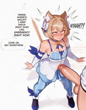 !? 2boys absurdres animal_ear_fluff aroused blue_choker blue_pantyhose bow brown_hair cat_boy choker commentary crossdressing deitysexual detached_sleeves double-parted_bangs english_commentary english_text erection felix_argyle full_body girthy_penis hair_between_eyes hair_bow highres large_penis looking_at_penis male_focus medium_hair multiple_boys natsuki_subaru pantyhose penis precum re:zero_kara_hajimeru_isekai_seikatsu short_eyebrows speech_bubble striped_clothes striped_pantyhose thick_eyebrows trap veins veiny_penis white_bow yaoi