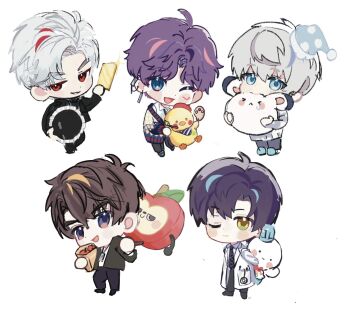 5boys ahoge apple bag beret black_hair black_necktie black_pants black_shoes blue_eyes blush brown_hair cardigan chaloobie chibi chibi_only closed_mouth coat collared_shirt dog_tags easel food fruit full_body green_eyes hair_between_eyes hat highres holding holding_bag holding_stuffed_toy lab_coat light_smile long_coat love_and_deepspace male_focus multiple_boys necktie nightcap one_eye_closed open_mouth paintbrush pants parted_bangs plaid_clothes plaid_necktie purple_hair red_eyes red_hat shirt shoes slippers smile smirk stethoscope striped_bandana stuffed_animal stuffed_apple stuffed_bird stuffed_rabbit stuffed_toy white_background white_coat white_hair white_shirt