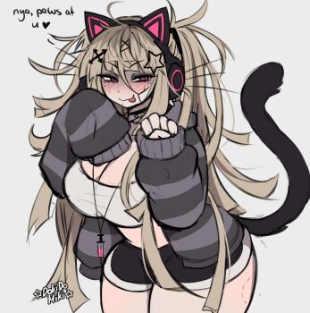 1girl animal_ear_headphones animal_ears artist_name bite_mark bite_mark_on_leg bite_mark_on_thigh black_choker black_shorts blonde_hair blush breasts cat_ear_headphones cat_ears cat_tail choker cowboy_shot dokidomiki english_text fake_animal_ears gauze gauze_on_cheek gauze_on_face grey_jacket hair_between_eyes hair_ornament half-closed_eyes hand_up headphones heart highres hood hood_down hooded_jacket jacket jewelry large_breasts long_hair long_sleeves looking_at_viewer makeup messy_hair miki_(dokidomiki) necklace nyan original paw_pose pink_eyes runny_makeup short_shorts shorts simple_background smile solo star_(symbol) star_hair_ornament striped_clothes striped_jacket syringe syringe_necklace tail tongue tongue_out white_background x_hair_ornament