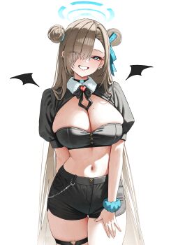 1girl absurdres alternate_costume aqua_eyes aqua_halo aqua_ribbon aqua_scrunchie asuna_(blue_archive) black_shorts blue_archive breasts brown_hair cowboy_shot double_bun eyes_visible_through_hair hair_bun hair_ornament hair_over_one_eye hair_ribbon halo highres kono_(xerondan321) large_breasts long_hair looking_at_viewer midriff mole mole_on_breast navel ribbon scrunchie short_shorts short_sleeves shorts simple_background smile solo stomach thigh_strap white_background wings wrist_scrunchie
