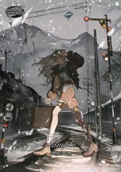 adjusting_eyewear akihare ankle_socks asymmetrical_footwear bare_tree belt belt_bag black-framed_eyewear black_jacket black_ribbon braid brooch brown_bag brown_belt brown_footwear chinese_commentary collared_jacket collared_shirt commentary_request commission day dress_shirt fingernails footwear_ribbon goggles goggles_on_head grey_vest hair_between_eyes hair_ornament hairclip hand_on_eyewear highres holding holding_suitcase jacket jewelry lapel_pin lapels long_sleeves mechanical_legs mismatched_footwear multiple_belts notched_lapels open_clothes open_jacket open_mouth orange_shorts original outdoors parted_lips plaid_clothes plaid_shirt plaid_vest power_lines puffy_long_sleeves puffy_sleeves railroad_tracks red_eyes red_pupils ribbon round_eyewear sample_watermark shirt shorts single_braid single_mechanical_leg single_sock snowing socks storm striped_clothes striped_socks suitcase thigh_belt thigh_strap train train_station tree vertical-striped_clothes vertical-striped_socks vest walking watermark weibo_watermark white_shirt white_socks winter