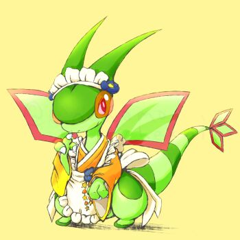 Rule 34 | apron, claws, closed mouth, clothed pokemon, commentary request, flygon, flygon (vintage server), full body, gen 3 pokemon, highres, japanese clothes, kimono, kinakomochi (kazuna922), maid, maid headdress, nintendo, no humans, nostrils, orange kimono, pokemon, pokemon (creature), pokemon cafe remix, simple background, solo, wa maid, wide sleeves, yellow background
