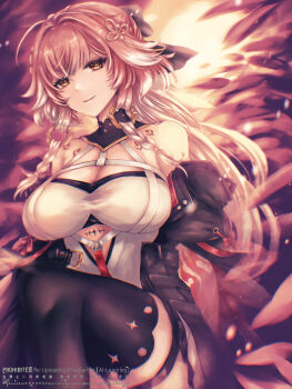 1girl bare_shoulders black_bow black_collar black_jacket black_thighhighs body_markings bow braid breasts changli_(wuthering_waves) cleavage collar commentary hair_bow hair_extensions hair_ornament highres jacket large_breasts long_hair looking_at_viewer multicolored_hair oze_(hexaexec) parted_lips pink_hair ring_hair_extensions smile solo tacet_mark_(wuthering_waves) thigh_strap thighhighs thighs twin_braids two-tone_hair very_long_hair white_hair wuthering_waves yellow_eyes