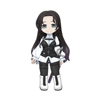 1girl black_hair black_pants black_vest boots breasts chibi chibi_only closed_mouth frilled_sleeves frills full_body grey_eyes laura_valdaris long_hair long_sleeves looking_at_viewer medium_breasts official_art pants ragnarok_online scabbard sheath sheathed shirt simple_background smile solo standing sword transparent_background vest weapon white_boots white_shirt yuichirou