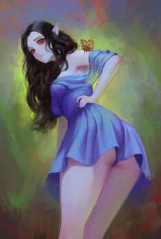 1girl armpits ass black_hair blue_dress blue_panties breasts bug butterfly butterfly_on_arm character_request closed_mouth commentary dress english_commentary feet_out_of_frame green_background hand_on_own_hip highres insect leaning_forward long_hair looking_at_viewer looking_back medium_breasts painterly panties pointy_ears red_eyes shchrit solo standing strapless strapless_dress the_elder_scrolls turning_head underwear upskirt vampire variant_set