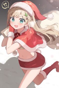 !? 1girl :d aqua_eyes blonde_hair blush boots capelet character_request christmas_tree_hair_ornament commentary_request cowboy_shot fur-trimmed_boots fur-trimmed_gloves fur-trimmed_skirt fur_trim gloves hair_ornament hands_up hat highres holding holding_sack knee_boots long_hair looking_at_viewer miniskirt navel one_side_up open_mouth original red_boots red_capelet red_skirt running sack santa_costume santa_hat skirt smile snowing solo stomach sweatdrop tareme v-shaped_eyebrows white_background yushima