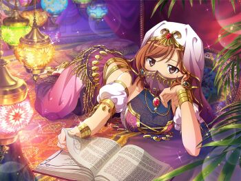 Rule 34 | 1girl, aijou karen, arabian clothes, arabian nights, book, bracer, breasts, brown eyes, brown hair, cosplay, covered mouth, detached sleeves, earrings, game cg, harem outfit, harem pants, jewelry, lamp, looking at viewer, lying, medium breasts, mouth veil, necklace, official art, open book, pants, plant, purple pants, scheherazade (arabian nights), scheherazade (arabian nights) (cosplay), shoujo kageki revue starlight, shoujo kageki revue starlight -re live-, single detached sleeve, solo, swept bangs, veil, white veil