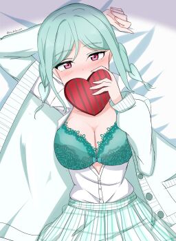 Rule 34 | 1girl, absurdres, aqua bra, aqua cardigan, aqua hair, aqua skirt, blush, box, bra, braid, breasts, cardigan, cleavage, commentary, covering own mouth, cowboy shot, gift, gift box, heart-shaped box, highres, holding, holding gift, lace, lace-trimmed bra, lace trim, large breasts, long sleeves, looking at viewer, love live!, love live! sunshine!!, lying, matcha moti (matcha 427), medium hair, official alternate costume, on back, on bed, onitsuka tomari, open cardigan, open clothes, open shirt, pink eyes, plaid clothes, plaid skirt, shirt, sidelocks, skirt, solo, twin braids, underwear, untranslatable commentary, white shirt, yume kawaii