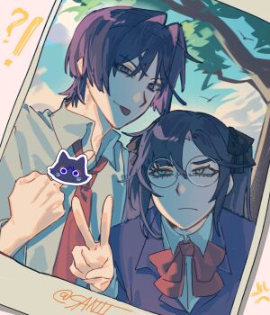 !? 1boy 1girl :p alternate_costume art_trade artist_name artist_request asymmetrical_bangs bird black_bow blazer blue_sky blunt_bangs blunt_ends bow bowtie cat_face_sticker censored censored_gesture closed_mouth cloud cloudy_sky collared_shirt commentary commission contemporary english_commentary eyelashes genshin_impact grey_eyes hair_between_eyes hair_bow hair_intakes hand_up highres jacket long_hair long_sleeves looking_at_another looking_at_viewer middle_finger mona_(genshin_impact) necktie parted_bangs pelvic_curtain photo_(object) purple_eyes purple_hair purple_jacket purple_sleeves red_bow red_bowtie red_necktie rimless_eyewear round_eyewear scaramouche_(genshin_impact) school_uniform shirt sidelocks single_hair_intake sky tongue tongue_out tree tsurime twintails v white_shirt white_sleeves wispy_bangs