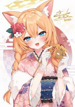 Rule 34 | 1girl, :d, absurdres, animal ear fluff, animal ears, blue archive, blue eyes, blue sash, blush, cat ears, cat girl, commentary request, dated, ema, flower, gloves, hair between eyes, hair flower, hair ornament, halo, hands up, highres, holding, holding ema, japanese clothes, kimono, long hair, looking at viewer, mari (blue archive), obi, open mouth, orange hair, pink kimono, red eyes, sasakichi (ssk chi), sash, signature, smile, very long hair, watermark, white background, white gloves, yellow halo