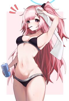 1girl absurdres ambriel_(arknights) arknights arm_up armpits bikini blush bottle breasts cleavage closed_mouth clothes_writing commission cowboy_shot food food_in_mouth hair_ornament hairclip halo highres holding holding_bottle long_hair medium_breasts mouth_hold navel notice_lines one_side_up pink_hair pixiv_commission pocky pocky_in_mouth purple_eyes smile solo sweat swimsuit towel very_long_hair worimiru