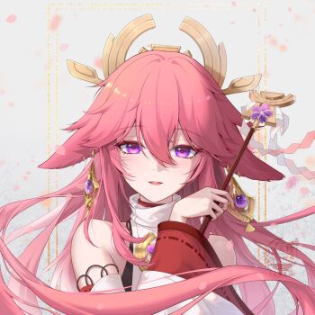 1girl :d animal_ear_earrings animal_ears artist_name bare_shoulders commentary_request daqiao_paopaoji double-parted_bangs dress falling_petals floating_hair fox_ears fox_girl gem genshin_impact gohei hair_between_eyes hair_ornament hand_up highres holding holding_gohei layered_sleeves long_hair long_sleeves looking_at_viewer messy_hair nontraditional_miko open_mouth parted_lips petals pink_hair pink_petals purple_eyes purple_gem red_sleeves sleeveless sleeveless_dress smile solo straight-on teeth turtleneck turtleneck_dress upper_body upper_teeth_only watermark white_background white_dress white_sleeves wide_sleeves yae_miko