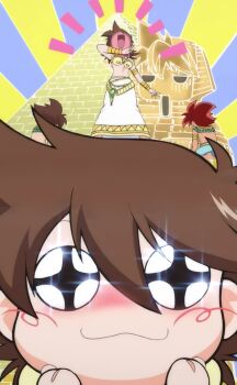 00s 1girl 2boys :3 absurdres anime_screenshot armor bare_legs beyblade beyblade_g_revolution big_hair breastplate breasts brown_eyes brown_hair chibi cleavage dress egyptian femdom hair_between_eyes highres kyouju_(beyblade) laughing looking_at_another looking_at_viewer looking_back medium_hair multiple_boys multiple_views non-web_source open_mouth ryona skirt smile tachibana_hiromi tank_top thinking white_skirt zoom_layer