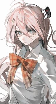 Rule 34 | 1girl, antenna hair, blue eyes, bow, bowtie, chinese commentary, closed mouth, collared shirt, commentary request, corrupted twitter file, danganronpa: trigger happy havoc, danganronpa (series), enoshima junko, expressionless, eyelashes, hair between eyes, hair ornament, hairclip, highres, long bangs, long hair, long sleeves, monokuma, orange bow, orange bowtie, pink hair, plaid bow, plaid bowtie, plaid clothes, shirt, simple background, tsurime, upper body, white background, white shirt, yukii masako