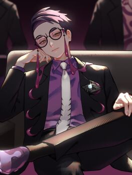 1boy 2others black-framed_eyewear black_hair black_jacket black_pants black_socks closed_mouth collared_shirt corbeau_(pokemon) crossed_legs eyewear_strap glasses highres jacket long_sleeves looking_at_viewer male_focus mano_(mano_mano_5) mega_stone multiple_others necktie nintendo open_clothes open_jacket pants parted_hair pokemon pokemon_legends:_z-a purple_hair purple_shirt round_eyewear shirt shoes short_hair short_sideburns sitting socks solo_focus undercut white_necktie yellow_eyes