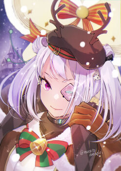 Rule 34 | 1girl, alternate costume, antlers, bell, beret, bow, bowtie, brown gloves, brown hat, christmas, closed mouth, commentary request, double bun, eyelashes, eyepatch, fake antlers, fur-trimmed gloves, fur trim, glint, gloves, green bow, green bowtie, hair bun, hat, heaven burns red, highres, horns, looking at viewer, medium hair, muratoamado, neck bell, night, one eye covered, outdoors, purple eyes, reindeer antlers, smile, snowing, solo, straight hair, tsurime, twintails, twitter username, upper body, v-shaped eyebrows, white hair, winter, yamawaki bon ivar