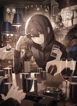 Rule 34 | 1girl, 2others, blue eyes, bottle, brown hair, brown jacket, brown necktie, card, cigarette holder, commentary request, cup, drinking glass, gun, hair between eyes, highres, holding, holding card, indoors, jacket, lantern, long sleeves, multiple others, necktie, original, parted lips, poker chip, short hair, small sweatdrop, solo focus, tamitami, upper body, v-shaped eyebrows, weapon, wine bottle, wine glass