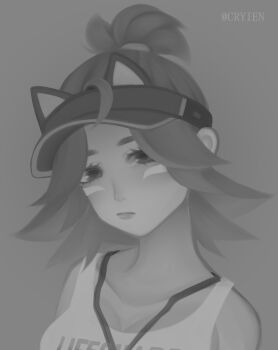 1girl absurdres brown_eyes brown_hair facial_mark fox fox_mask green_hair greyscale highres kiriko kiriko_(overwatch) kunai lifeguard lifeguard_kiriko looking_at_viewer mask monochrome overwatch overwatch_2 simple_background visor_cap weapon whistle
